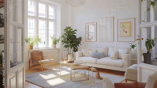 Bright Scandinavian living room with a light color scheme, comfy seating, and tasteful decor © muzamli art