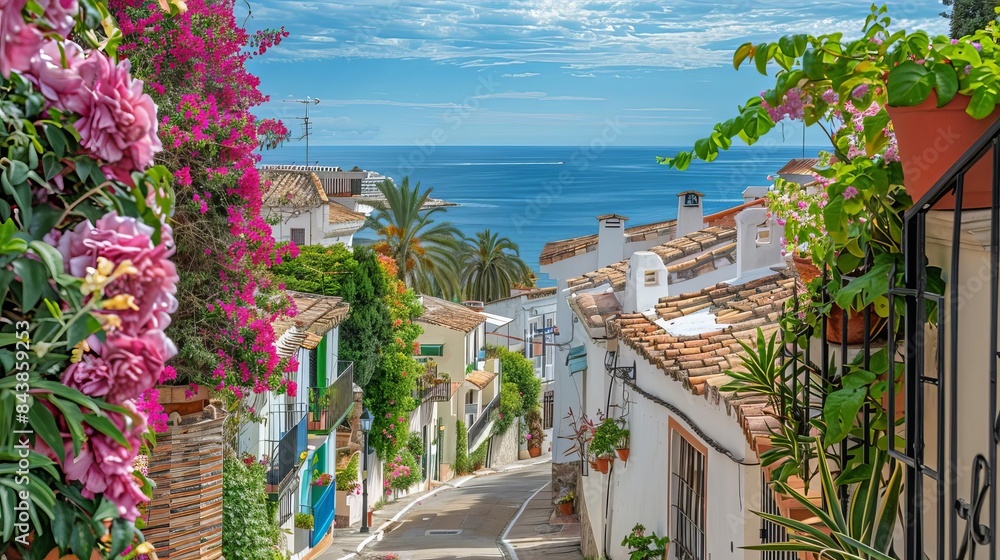 Fototapeta premium nostalgic seaside town in spain flowery fences and distant ocean view