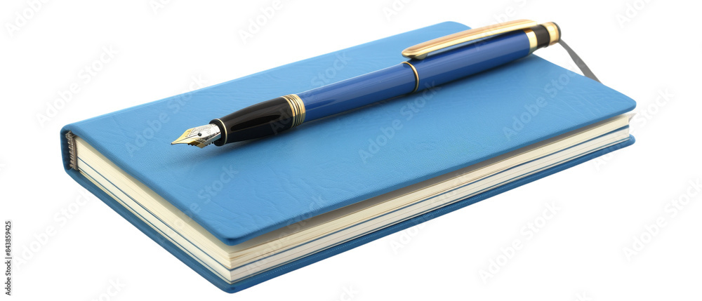 Blue notebook with a fountain pen on top. Blue notebook with a fountain pen on top.