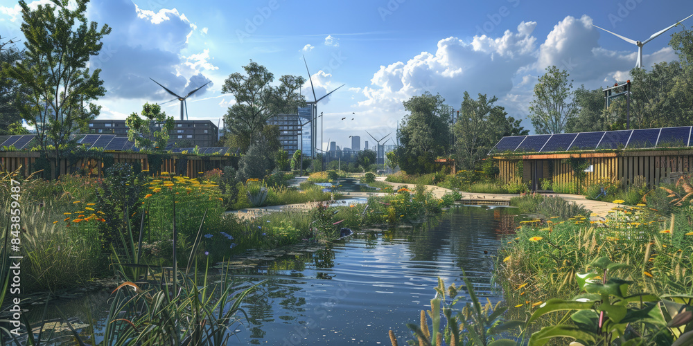 Fototapeta premium A beautiful, lush green park with a calm pond, solar panels on rooftops, and wind turbines in the background under a bright blue sky.
