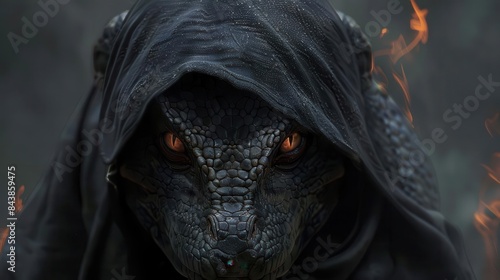 ominous reptilian demon cloaked in black hood dark fantasy digital illustration