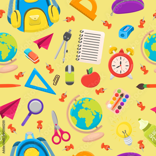  Back to school seamless pattern with different school elements. 