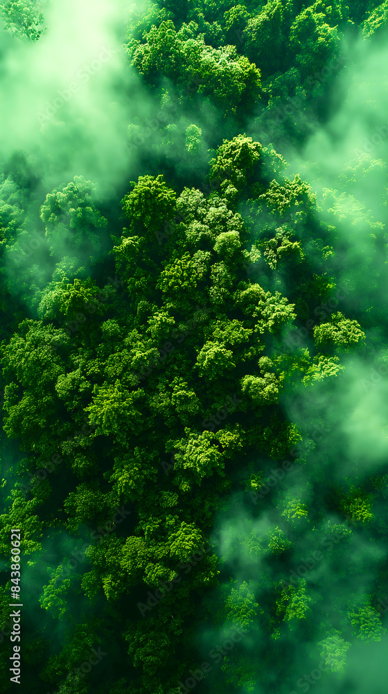 Aerial view of Misty landscape with fir forest in vintage style. There are mountain peaks in the distance Aerial view of Misty landscape with fir forest in vintage style. There are mountain peaks in the distance