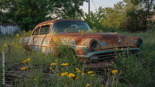 An old, rusted car is sitting in a field of yellow flowers. Environmental concept