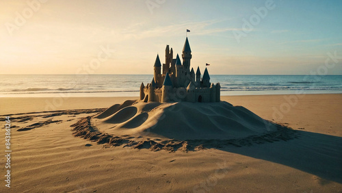 A sandcastle standing on a sand hill  with water channels on the sides.