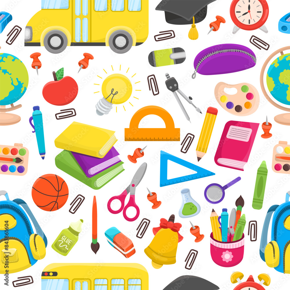  Back to school seamless pattern with different school elements. 