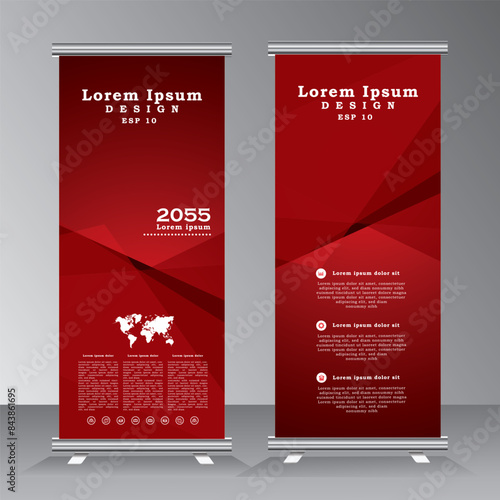 Roll up banner stand template witgh abstract background, roll up banner tempalte for  business, education, advertisement. red color roll up banner design. Vector illustration.