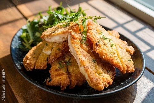 Cooked fried fish cutlets in a plate with herbs