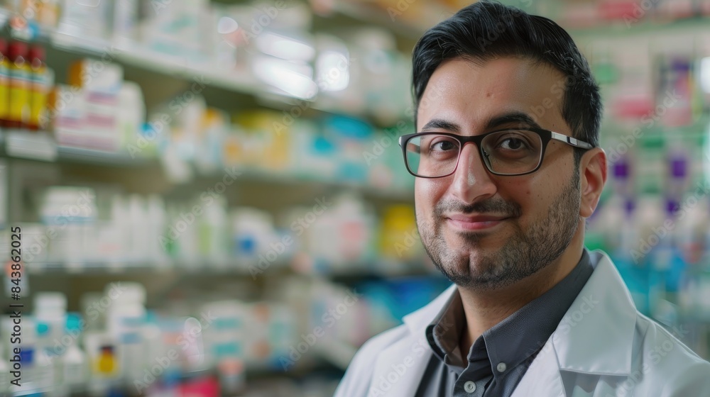 Close up of a pharmacist with medications in a pharmacy Close up of a pharmacist with medications in a pharmacy