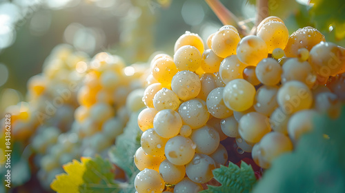 Ripe white grapes hanging on the green vine ready to be harvested in a sunny vineyard 