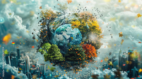 "Surreal image depicting Earth surrounded by vibrant trees and birds, symbolizing the harmony and beauty of nature amidst a bustling urban skyline."
