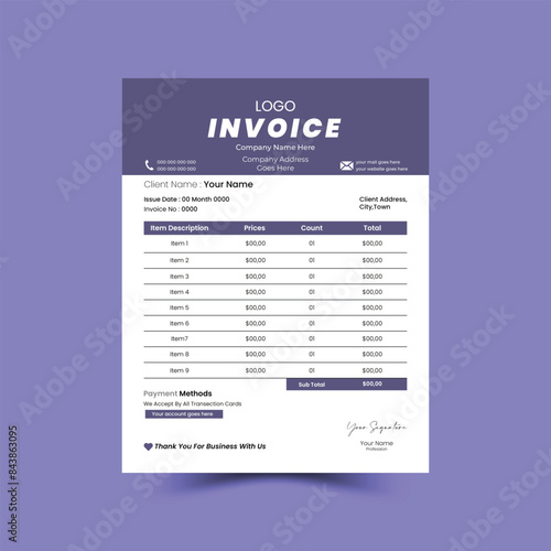 Modern and simple invoice layout. Invoicing quotes, money bills or price invoices and payment agreement design templates. Tax form, bill graphic or payment receipt page vector set