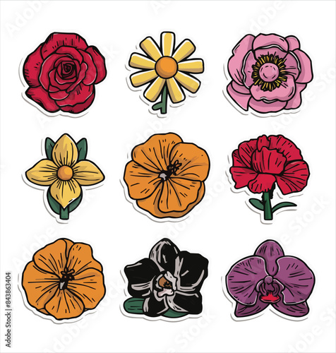 Flowers printable stickers vector illustration set
