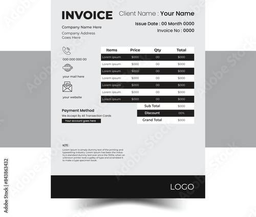 Modern and simple invoice layout. Invoicing quotes, money bills or price invoices and payment agreement design templates. Tax form, bill graphic or payment receipt page vector set