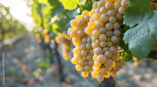 Ripe white grapes hanging on the green vine ready to be harvested in a sunny vineyard 