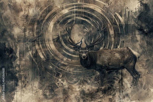 An intricate of a deer in a dystopian fantasy setting, rendered with desaturated colors and color negative tones. The deer's hyper-realistic form is enshrouded in mist and spirals, photo