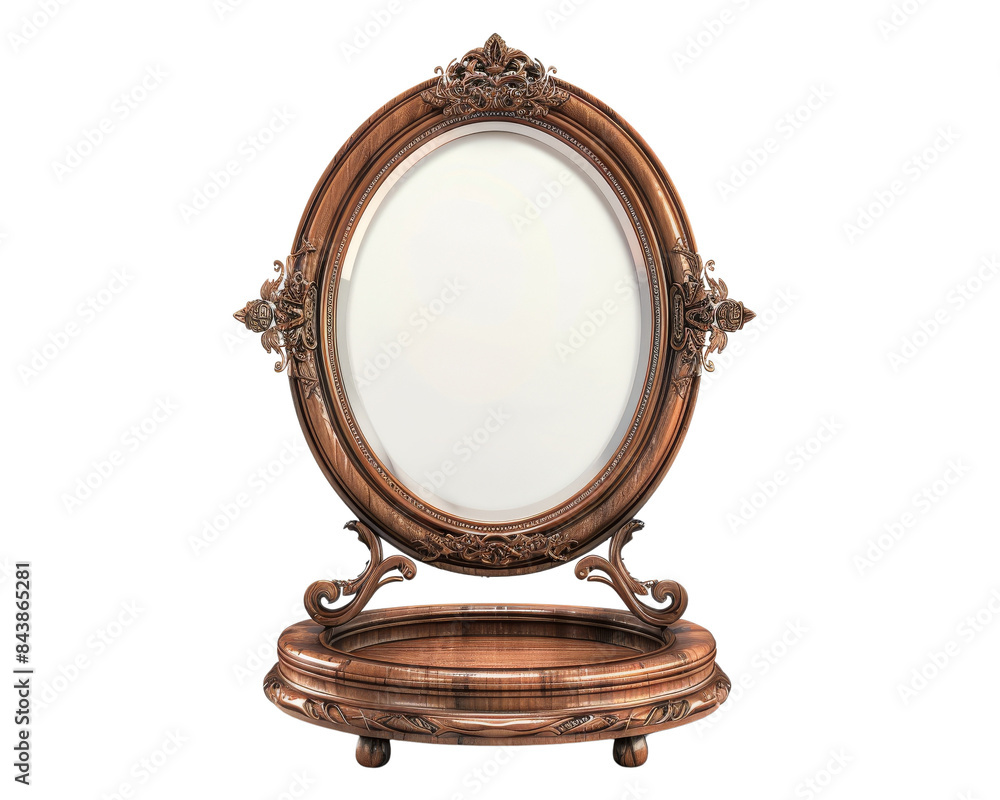 Ornate wooden vanity mirror with a carved frame and a shelf Ornate wooden vanity mirror with a carved frame and a shelf