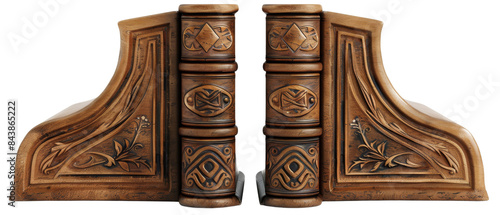Ornate wooden bookends with intricate carvings.