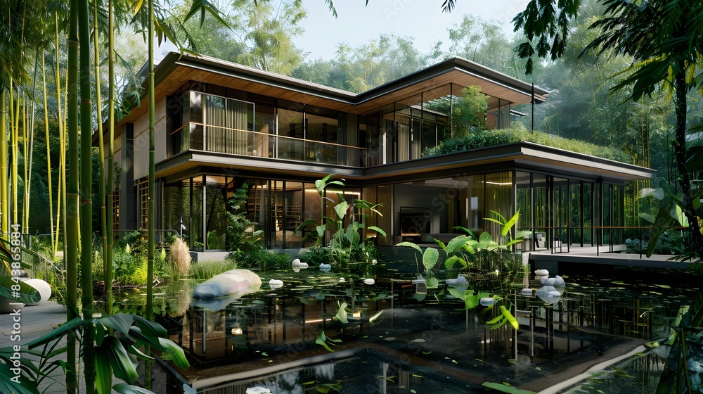 House in a cool and lush tropical forest, small lake in front, surrounded by bamboo trees and greenery House in a cool and lush tropical forest, small lake in front, surrounded by bamboo trees and greenery