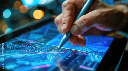 A close-up of a designer's hand drawing a wireframe for a website on a digital tablet with a stylus