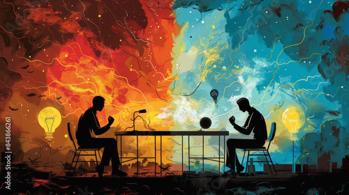 The conflict resolution process : Two individuals face off at a table, surrounded by contrasting fiery and icy backgrounds, symbolizing intense conflict or debate between opposing forces. photo