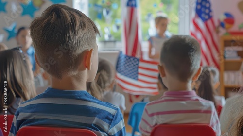 schoolchildren learning the history and symbolism of the american flag natural light classroom scene