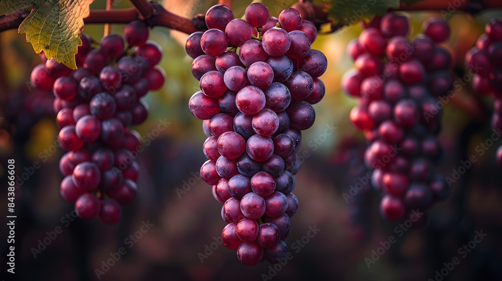 A cluster of ripe vibrant red grapes. The purple colour of the organic seedless grapes is growing and hanging on a fruit plant. The grape leaves on the plant are smooth and large A cluster of ripe vibrant red grapes. The purple colour of the organic seedless grapes is growing and hanging on a fruit plant. The grape leaves on the plant are smooth and large