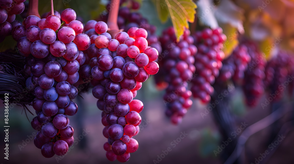 A cluster of ripe vibrant red grapes. The purple colour of the organic seedless grapes is growing and hanging on a fruit plant. The grape leaves on the plant are smooth and large A cluster of ripe vibrant red grapes. The purple colour of the organic seedless grapes is growing and hanging on a fruit plant. The grape leaves on the plant are smooth and large