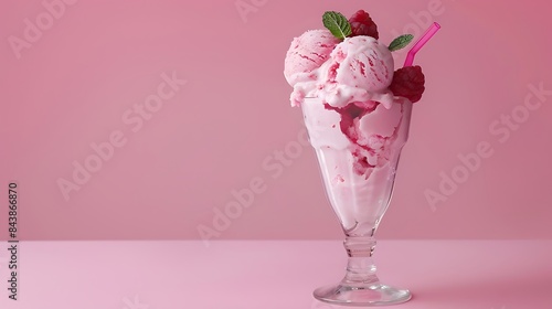 Ice cream with penat pesta in sundea in glass pink background photo