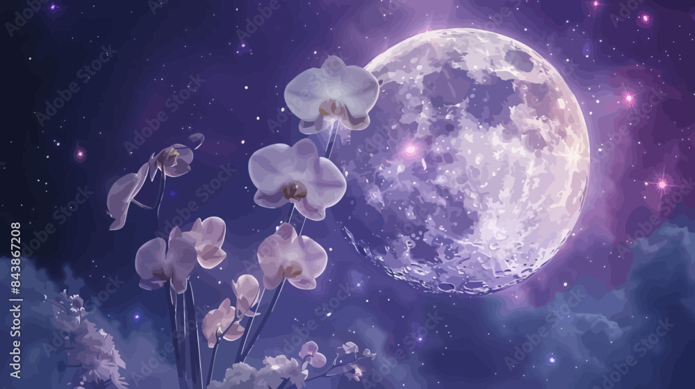 a painting of a full moon with flowers in the foreground a painting of a full moon with flowers in the foreground