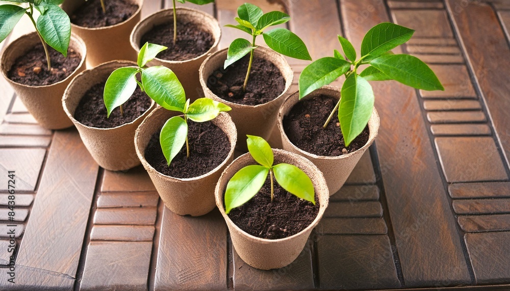 Gardening at home. Passion fruit seedlings in peat pots, top view Gardening at home. Passion fruit seedlings in peat pots, top view