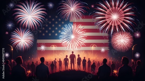  celebratory fireworks on background of american flag at US independence day