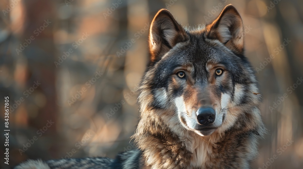 Portrait of a gray wolf in the forest it seems that looking at the camera but it is completely relaxed Portrait of a gray wolf in the forest it seems that looking at the camera but it is completely relaxed