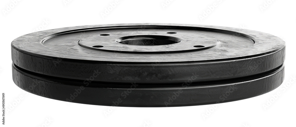 Two black rubber weight plates stacked on top of each other. Two black rubber weight plates stacked on top of each other.