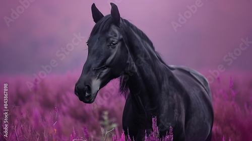 Portrait of black horse looking forward on purple background © Taylor Swift