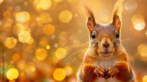 Portrait of red squirrel in front of a golden background