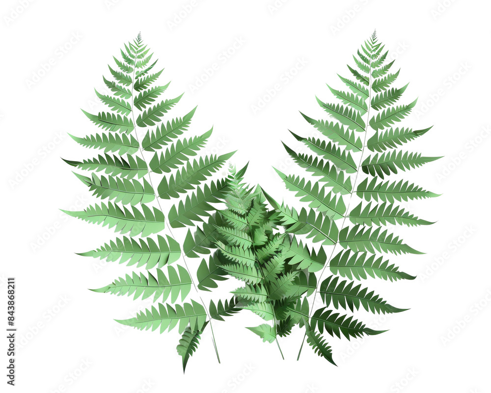 Two lush green fern fronds isolated on a black background. The fronds are symmetrical and have a delicate texture. Two lush green fern fronds isolated on a black background. The fronds are symmetrical and have a delicate texture.
