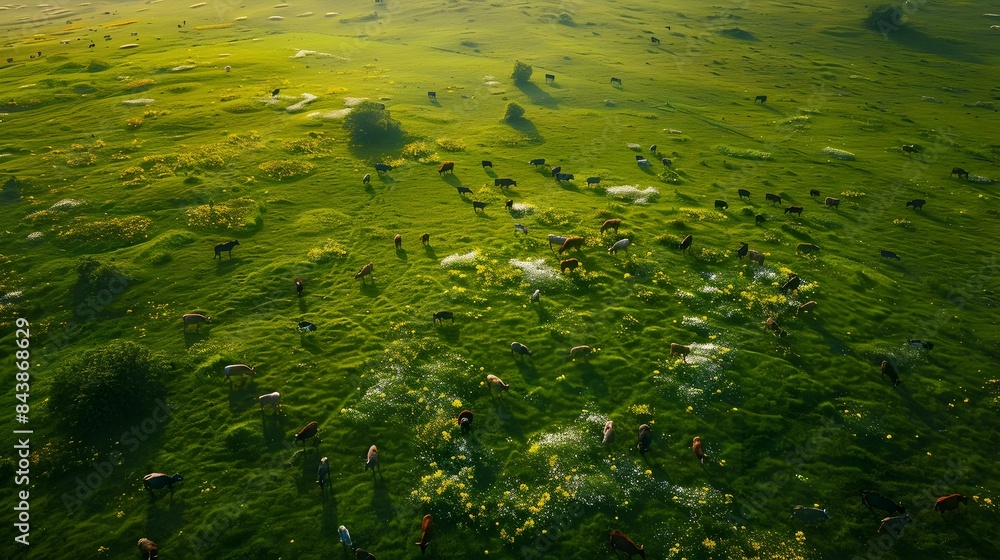 Fotografie Green meadows covered with flowers grazing