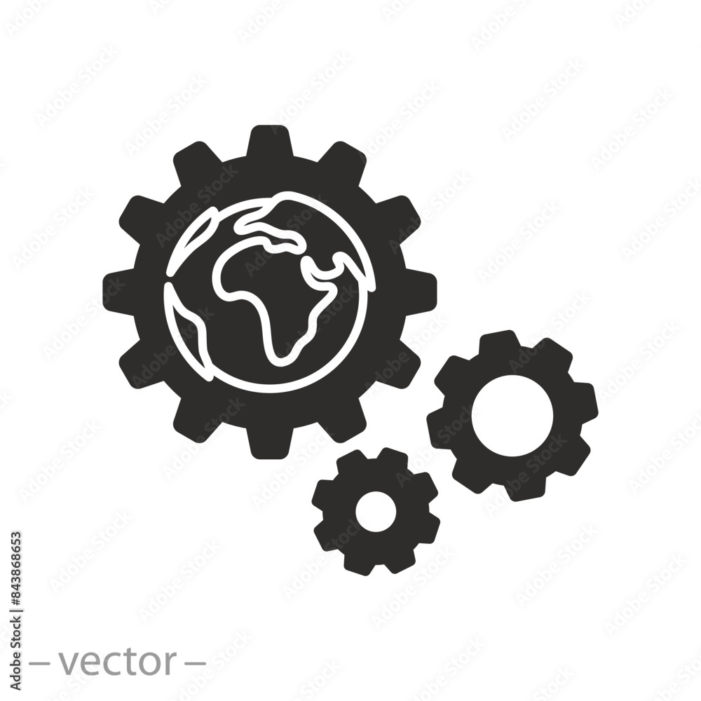 globe wiht gears icon, world mechanism, spin earth cogwheel, global engineering teamwork, flat symbol on white background - vector illustration globe wiht gears icon, world mechanism, spin earth cogwheel, global engineering teamwork, flat symbol on white background - vector illustration