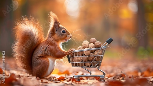 Red squirrel goes shopping with the small shopping cart full of walnuts