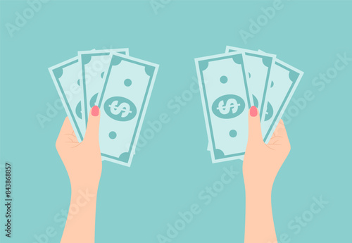 Female hands holding paper dollar bills on a green background, flat vector illustration