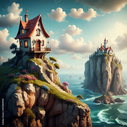 whimsical house on a cliff, soft mood, fantasy