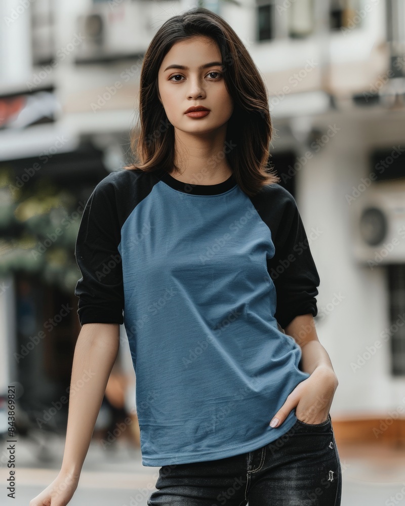 Woman wearing a blue raglan tee with black sleeves Woman wearing a blue raglan tee with black sleeves