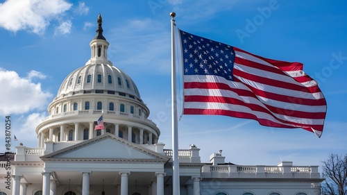 US White House, American flag, Washington DC landmark, Flag and White House, Clear blue sky, generated AI.