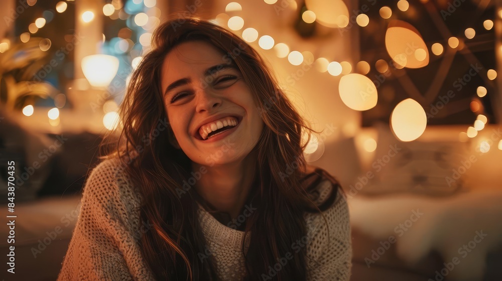 smiling young woman laughing in cozy home with soft lighting lifestyle portrait smiling young woman laughing in cozy home with soft lighting lifestyle portrait