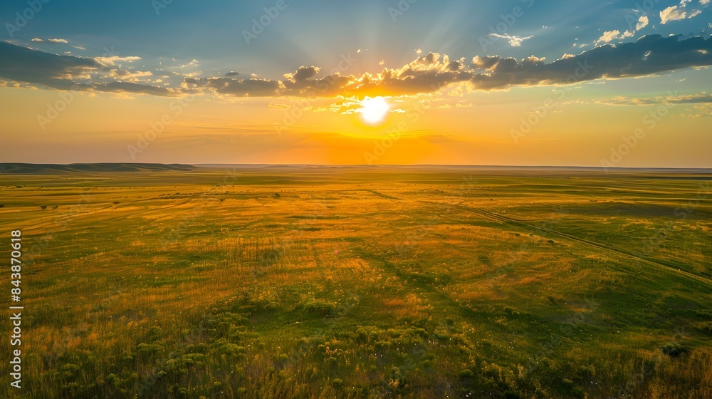 Obraz premium Sunset over a vast prairie landscape img