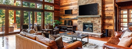 Modern living room interior with vaulted ceiling, cedar wood paneling, stone fireplace, brown leather armchairs, coffee table, and area rug