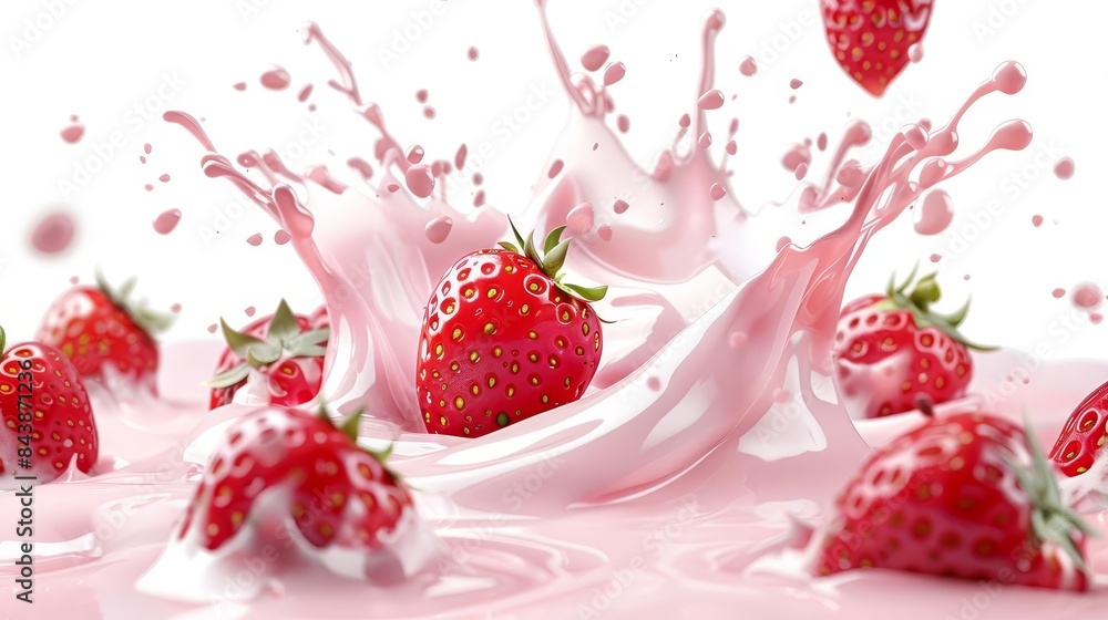 splashing milk or yogurt with fresh strawberries isolated on white background realistic 3d rendering splashing milk or yogurt with fresh strawberries isolated on white background realistic 3d rendering