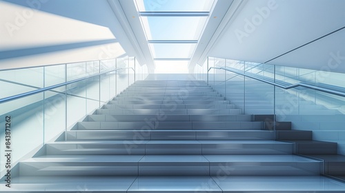 A crystal-clear glass staircase ascending towards a bright, open skylight, representing the journey towards success in a sleek, contemporary building. 32k, full ultra hd, high resolution © Sawagii