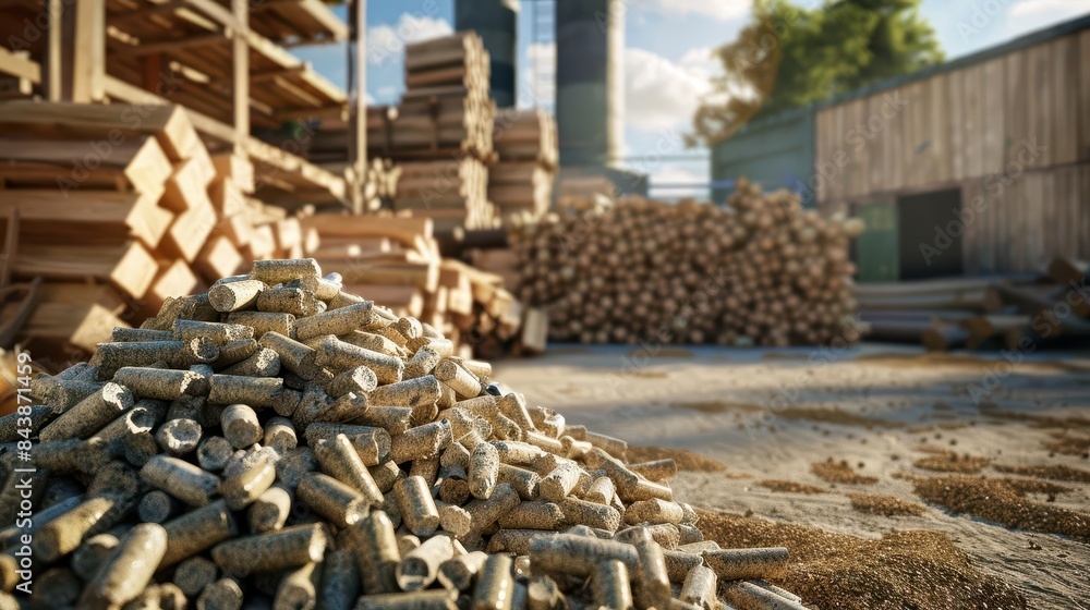 stacked biomass wood pellets and woodpile renewable energy source photorealistic stacked biomass wood pellets and woodpile renewable energy source photorealistic